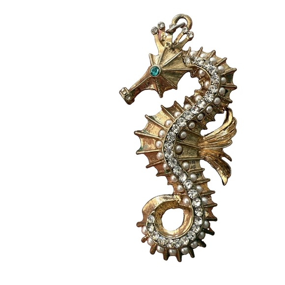 Hattie Carnegie Jewelry - Vintage Seahorse Pendant Gold Hattie Carnegie Pearl Beads Blue Rhinestone MCM